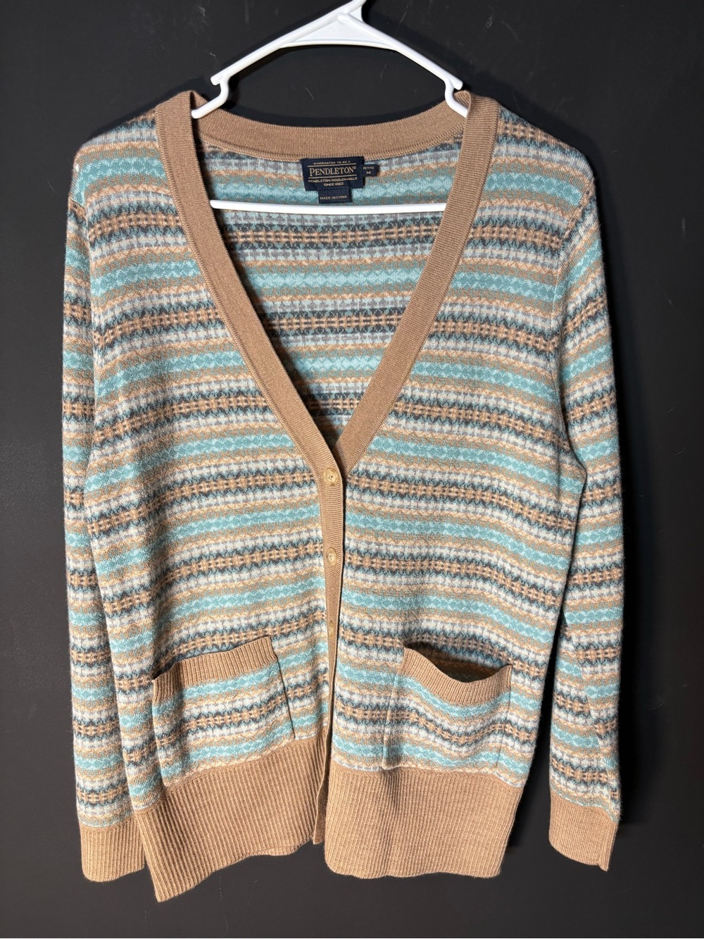 Pendleton Striped V-Neck Cardigan Sweater - Tan & Aqua-PM